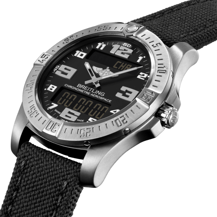 In 1985, Breitling launched the Aerospace, an innovative, multifunction chronograph equipped with state-of-the-art Swiss technology. Heir to this legendary model, the Aerospace Evo retains the same powerful, dynamic and technical style – combined with the latest electronic developments. Equipped with an officially chronometer-certified SuperQuartz™ caliber, it is distinguished by a user-friendly control system with crown-activated functions including 1/100th of a second chronograph, countdown timer, second time zone, alarm, audible time signal (minute repeater) and calendar.