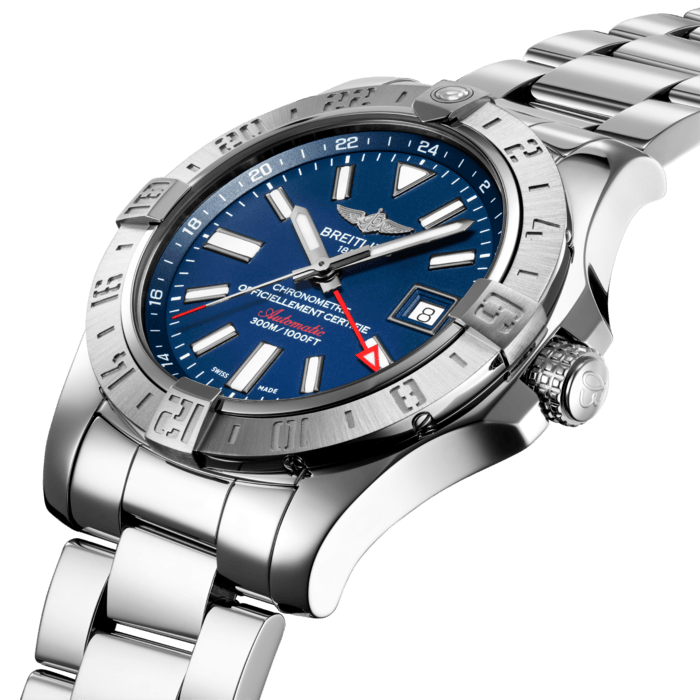 The Avenger II GMT stands out with its very practical 24-hour second time-zone display, complemented by a bidirectional rotating bezel enabling a third time-zone reading. The officially chronometer-certified self-winding caliber is protected by an ultra-sturdy steel case water-resistant to 300 m (1,000 ft) and equipped with lateral reinforcements. The efficiency of the controls is guaranteed by a solid crown with a non-slip grip. The aviation-inspired stencil-type numerals lend a technical and original touch of style.