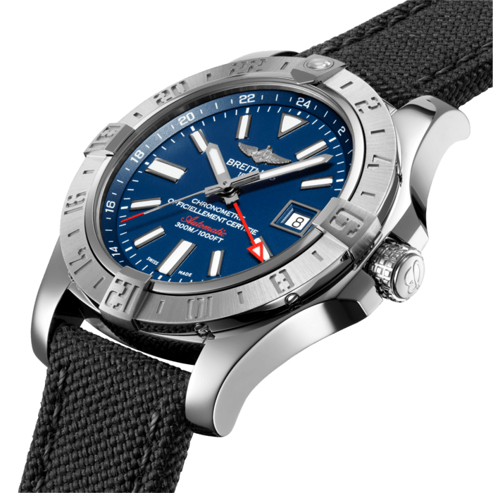The Avenger II GMT stands out with its very practical 24-hour second time-zone display, complemented by a bidirectional rotating bezel enabling a third time-zone reading. The officially chronometer-certified self-winding caliber is protected by an ultra-sturdy steel case water-resistant to 300 m (1,000 ft) and equipped with lateral reinforcements. The efficiency of the controls is guaranteed by a solid crown with a non-slip grip. The aviation-inspired stencil-type numerals lend a technical and original touch of style.