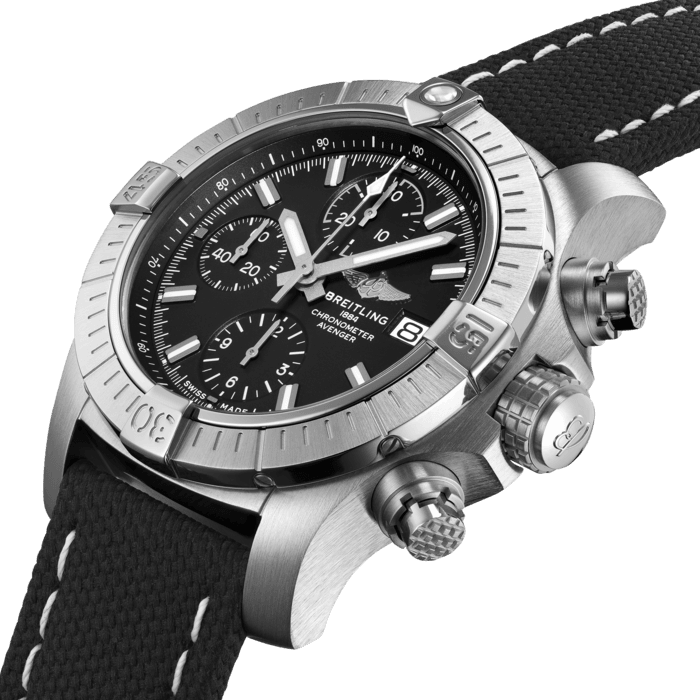 Bold, extremely robust and shock resistant, the Avenger Chronograph 43 is the most versatile and compact Avenger chronograph. As a true Breitling Avenger, it can be used wearing gloves and offers unrivalled safety and reliability to any airborne adventurer. The Avenger Chronograph 43 features a sturdy 43mm stainless-steel case, black or blue dial and a choice of a stainless-steel bracelet, or matching black or blue military leather strap that fits either a stainless-steel pin buckle or folding clasp. Thanks to its rugged bezel and its special grip-pattern on the crown & chronograph pushers, the Avenger Chronograph 43 can be easily operated wearing gloves.