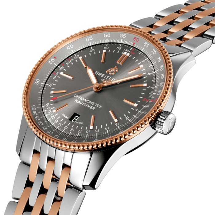 Refined and elegant, the Navitimer Automatic 41 combines the historic appeal of a true icon with the sophistication of a contemporary timepiece.
Available in a variety of materials including stainless steel and 18k red gold, the 41 mm case features a beaded bezel and a range of elegant dial colors. Offered either with a matching bracelet or alligator strap that fits both a stainless-steel pin or folding buckle, the Navitimer Automatic 41 is powered by the Breitling Caliber 17, a COSC-certified chronometer.