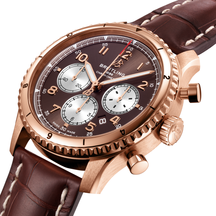 The Aviator 8 B01 Chronograph 43 is powered by the in-house Breitling Manufacture Caliber 01. The self-winding 43 mm watch has a ratchet-wheel chronograph with vertical coupling and an impressive power reserve of more than 70 hours. The display features 30-minute and 12-hour counters as well as a date window. The highlight of this new range, the Aviator 8 B01 Chronograph 43, is available in steel with a black or blue dial, or in 18k red gold with a bronze dial, each with the distinctive design elements of contrasting sub-dials. Presented on a steel bracelet or on an alligator leather strap, the COSC-certified chronometer features a transparent sapphire caseback.