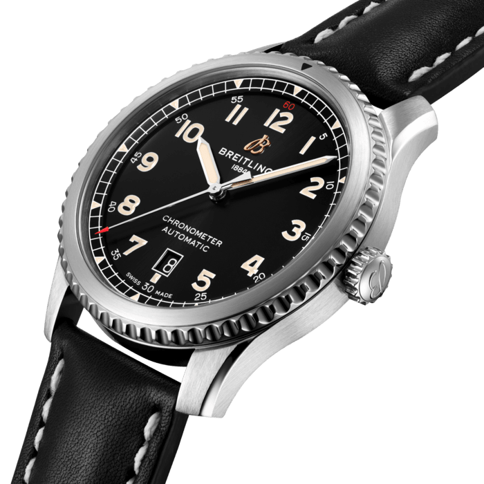 The Aviator 8 Automatic 41 makes a style statement. It is clearly a direct descendent of Breitling’s legendary watches from the 1930s and 1940s. Inside the steel case with its rotating bezel and pointer is the Breitling Caliber 17. With a bidirectional rotor winder, it delivers more than 40 hours of power reserve. The eye-catching dial is available in black or blue. The 41 mm COSC-certified chronometer has a solid screwed caseback and is available with steel bracelet or a leather strap.