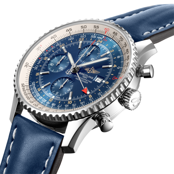 Ever ready for takeoff, the Navitimer World travel watch features an extremely practical and easily readable dual timezone system. A red-tipped additional central hand displays the time in another part of the globe on a 24-hour scale – thus indicating whether it is day or night in the relevant location. The selfwinding chronograph movement is protected by a large case available in steel. The caseback is engraved with the timezones of the world’s major cities.