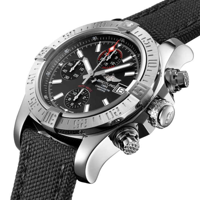 The embodiment of power in action, the Avenger II chronograph comes in several dial colors (black, blue and grey) with stencil-type numerals or hour-markers, on a rubber strap or on a bracelet. The steel case, water-resistant to 300 m (1,000 ft), with screwed-in pushpiece guards, houses a self-winding chronograph caliber that is officially chronometer-certified like all Breitling calibers. The titanium caseback bears a conversion scale for Anglo-Saxon and metric measurements. A model of reliability, efficiency and outstanding ergonomics.