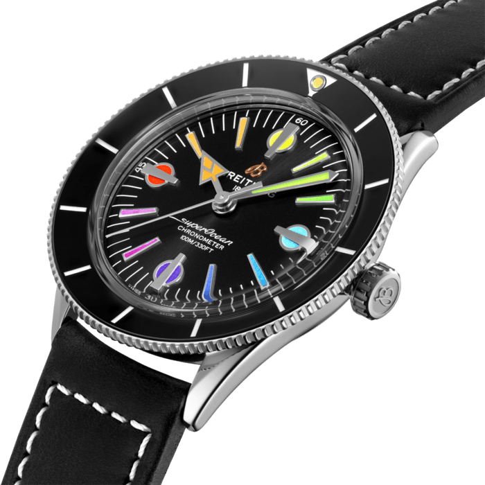 The Superocean Heritage ’57 Capsule collection pays tribute to the original 1957 SuperOcean and the cool, laid-back surfing lifestyle of the 1960s. This colorful variation comes in a limited edition of 250 pieces.
The 42 mm stainless-steel case features two signature elements of the original SuperOcean: a concave bidirectional ceramic bezel and a dial featuring oversized indices. Paired with a mesh bracelet or a black calfskin leather strap that fits both a stainless-steel pin or folding buckle, this colorful Superocean Heritage ‘57 is powered by the Breitling Caliber 10, a COSC-certified chronometer.