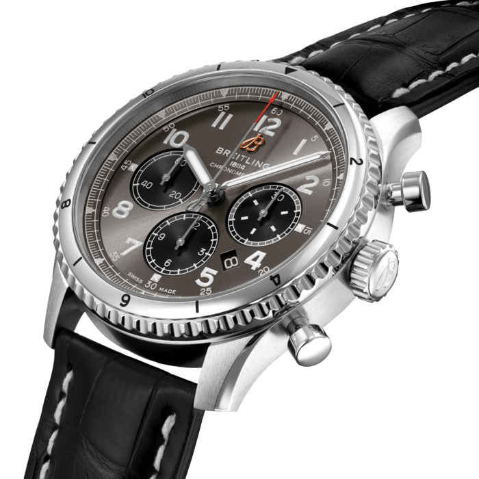 The Aviator 8 B01 Chronograph 43 is powered by the in-house Breitling Manufacture Caliber 01. The self-winding 43 mm watch has a ratchet-wheel chronograph with vertical coupling and an impressive power reserve of more than 70 hours. The display features 30-minute and 12-hour counters as well as a date window. The highlight of this new range, the Aviator 8 B01 Chronograph 43, is available in steel with a black or blue dial, or in 18k red gold with a bronze dial, each with the distinctive design elements of contrasting sub-dials. Presented on a steel bracelet or on an alligator leather strap, the COSC-certified chronometer features a transparent sapphire caseback.