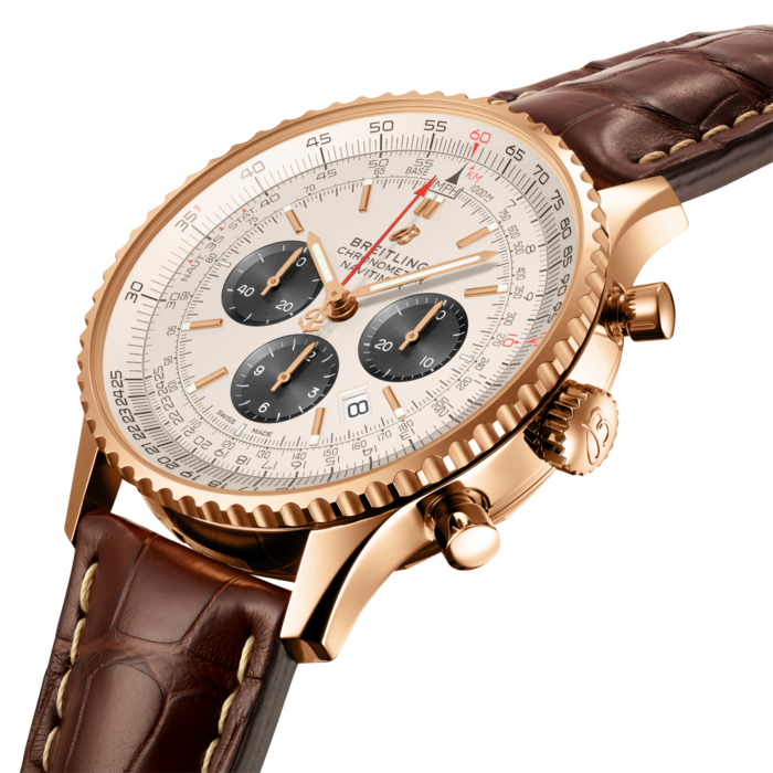 The classic Navitimer features a generous 46 mm diameter accentuating its presence on the wrist and enhancing the originality of its design, while optimizing the readability of the dial and the circular aviation slide rule. A transparent caseback reveals the chronometer-certified, high-performance self-winding chronograph caliber, Manufacture Breitling Caliber 01. In addition to the steel and steel & gold versions, this model is available in red gold. A larger-than-life take on the legend.