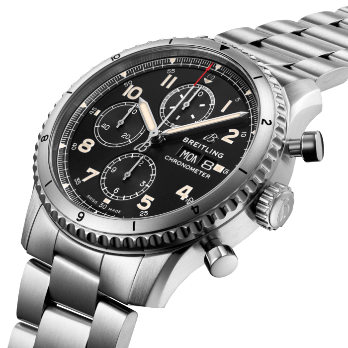 The Aviator 8 Chronograph 43 offers 30-minute and 12-hour counters at 12 and 6 o’clock, respectively, along with a small seconds hand at 9 o’clock. It is accurate to a quarter of a second. The COSC-certified Breitling Caliber 13 chronometer caliber is at the heart of this watch. It is wound automatically with the use of a unilateral ball-bearing rotor, delivering an autonomous running time of more than 42 hours. With a solid screwed caseback, the 43 mm case of the Aviator 8 Chronograph 43 is available in steel with a leather strap or steel bracelet, or in DLC-coated steel paired with a leather strap.