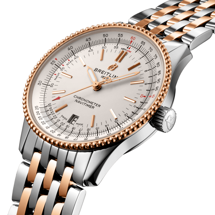 Refined and elegant, the Navitimer Automatic 38 combines the historic appeal of a true icon with the sophistication of a contemporary timepiece.
Available in a variety of materials including stainless steel and 18k red gold, the 38 mm case features a beaded bezel and a range of elegant black, blue or silver dials. Offered either with a matching bracelet, or a black, blue or gold alligator strap that fits both a stainless-steel pin or folding buckle, the Navitimer Automatic 38 is powered by the Breitling Caliber 17, a COSC-certified chronometer.