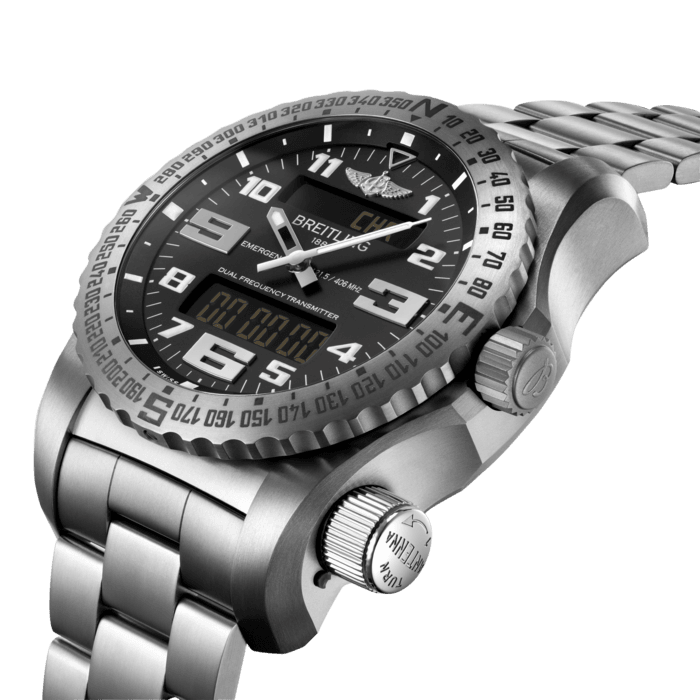The Emergency is the world’s first wristwatch equipped with an authentic dual-frequency distress beacon. It’s the indispensable safety and survival instrument for adventurers on any given mission.
Breitling has made a name for itself at the forefront of innovation by creating the Emergency. A marvel of miniaturization and technical sophistication, the Emergency is the first wristwatch to be equipped with an authentic dual-frequency distress beacon. Once activated, the distress beacon will emit an alert signal that will guide rescue operations. Available both in titanium and DLC-coated titanium, the Emergency features a black dial paired either with a matching titanium bracelet, or a rubber strap fitting a folding buckle. Powered by the Breitling Caliber 76, a COSC-certified SuperQuartz™ chronograph, the Emergency features a rechargeable battery, a miniaturized transmitter, and an original integrated antenna system.