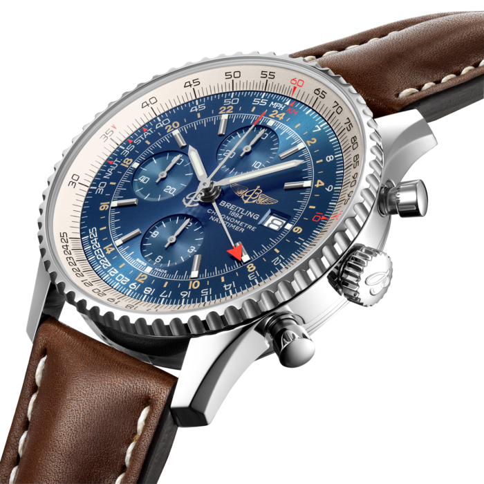 Ever ready for takeoff, the Navitimer World travel watch features an extremely practical and easily readable dual timezone system. A red-tipped additional central hand displays the time in another part of the globe on a 24-hour scale – thus indicating whether it is day or night in the relevant location. The selfwinding chronograph movement is protected by a large case available in steel. The caseback is engraved with the timezones of the world’s major cities.
