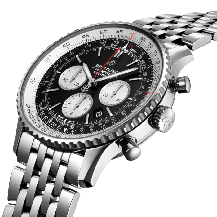 The classic Navitimer features a generous 46 mm diameter accentuating its presence on the wrist and enhancing the originality of its design, while optimizing the readability of the dial and the circular aviation slide rule. A transparent caseback reveals the chronometer-certified, high-performance self-winding chronograph caliber, Manufacture Breitling Caliber 01. In addition to the steel and steel & gold versions, this model is available in red gold. A larger-than-life take on the legend.