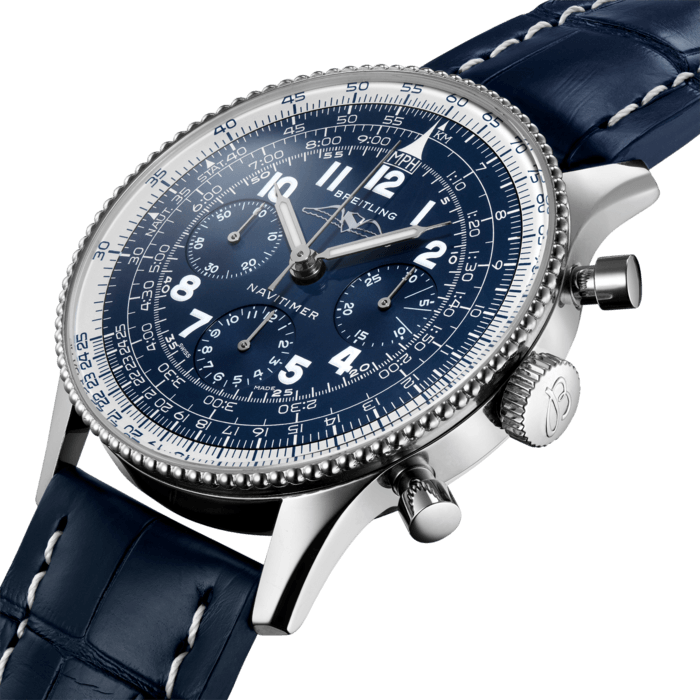 The Navitimer 1959 Edition in platinum celebrates Breitling’s most iconic model & most coveted early Navitimer design in its most exclusive execution, limited to 59 pieces. The Navitimer 1959 Edition in platinum features a blue dial with tone-on-tone chronograph counters. Recreating one of the signature elements of the original Navitimer Ref. 806 in 1959, the dial, protected by a highly-domed Plexiglas, is highlighted with a Breitling inscription in capital letters and an unsigned winged logo. In fact, the only concessions to modernity are the water resistance, which has been increased to 3 bar (30 meters), and a hand-applied Super-LumiNova® coating. The Navitimer 1959 Edition is powered by the in-house Breitling Manufacture Caliber B09, a hand-wound COSC-certified caliber based on the renowned Breitling Caliber 01. The Navitimer 1959 Edition in platinum is available on a blue alligator strap with an 18k white gold pin buckle and is limited to 59 pieces.