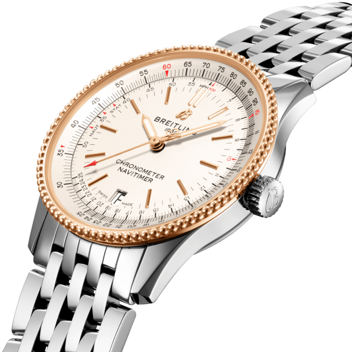 Refined and elegant, the Navitimer Automatic 38 combines the historic appeal of a true icon with the sophistication of a contemporary timepiece.
Available in a variety of materials including stainless steel and 18k red gold, the 38 mm case features a beaded bezel and a range of elegant black, blue or silver dials. Offered either with a matching bracelet, or a black, blue or gold alligator strap that fits both a stainless-steel pin or folding buckle, the Navitimer Automatic 38 is powered by the Breitling Caliber 17, a COSC-certified chronometer.