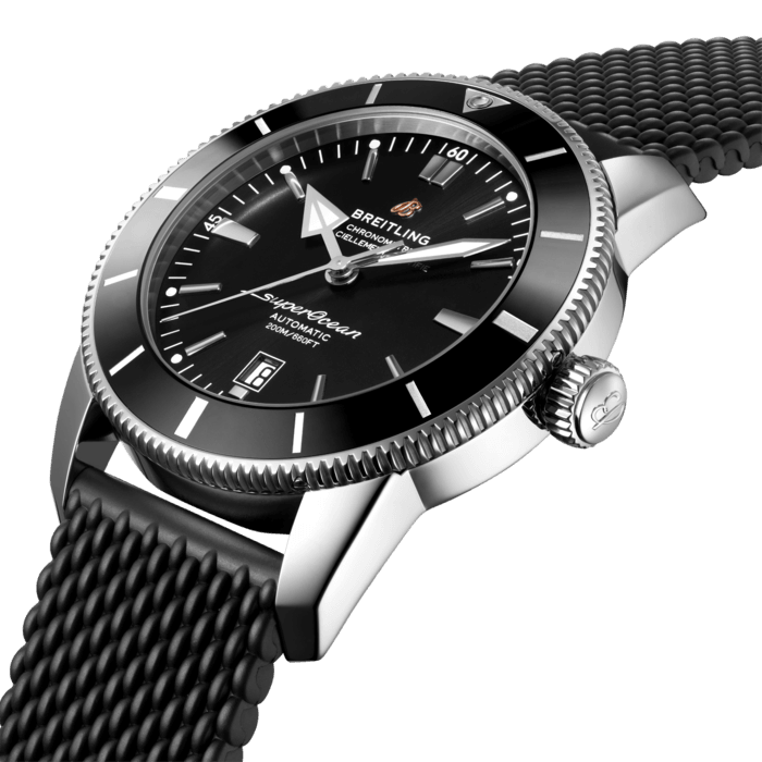 Inspired by the original Superocean from the 1950s, the Superocean Heritage combines iconic design features with a modern touch. Sporty and elegant, the Superocean Heritage is a true embodiment of style at sea.
Featuring the iconic triangular-shaped hands as well as a unidirectional bezel with a polished ceramic ring, the Superocean Heritage is an elegant diver’s watch. Available in a variety of sizes and materials including stainless steel and 18k red gold, the Superocean Heritage B20 Automatic features a range of colored dials. Offered either with a matching mesh bracelet, or a “mesh-styled” rubber strap fitted with a folding buckle, this Superocean Heritage is powered by the Breitling Manufacture Caliber B20, a COSC-certified chronometer based on the Tudor Caliber MT5612.