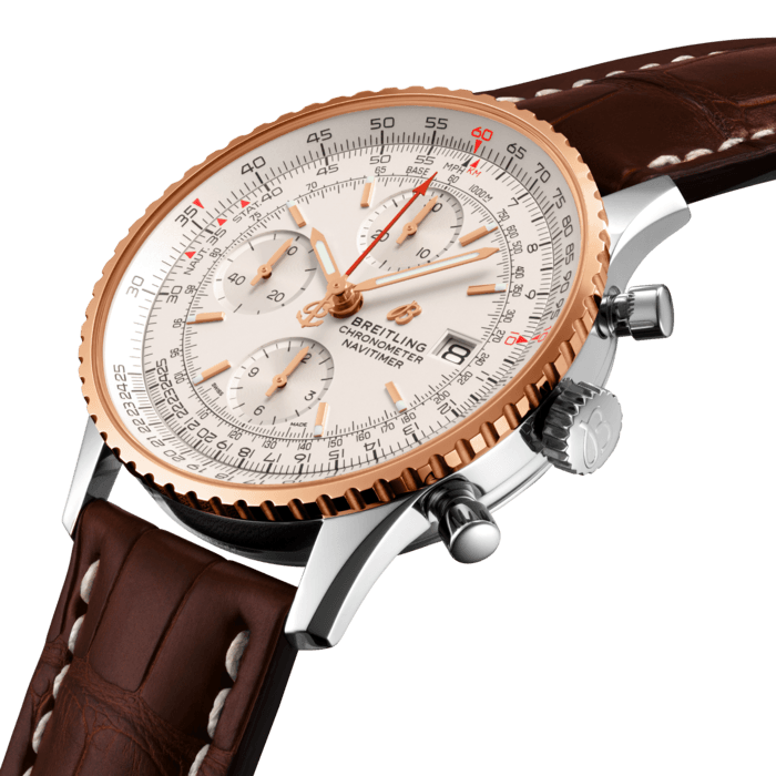 Breitling’s Navitimer Chronograph 41 features a stainless steel case with an 18k red gold bidirectional rotating bezel. Its mercury silver dial is presented on either a brown alligator or golden leather strap (with pin or folding buckle), or on a stainless steel Navitimer bracelet. It is powered by the COSC-certified Breitling Caliber 13, which delivers a power reserve of approximately 48 hours. The hour and minute hands are coated with Super-LumiNova® and can be read easily through the Navitimer Chronograph 41’s convex sapphire crystal which features anti-reflective coating on both sides. This striking chronograph is water-resistant to 3 bar (30 meters).