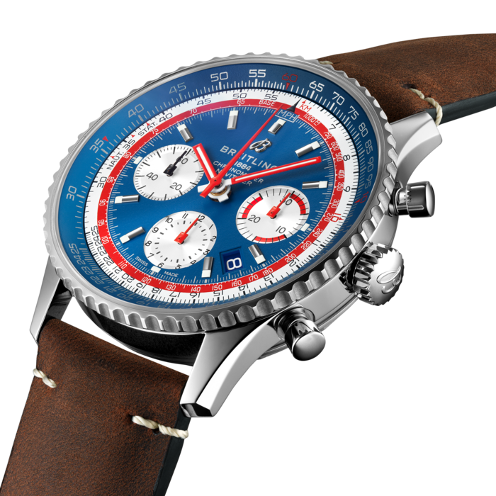 The Navitimer B01 Chronograph 43 Pan Am Edition is distinguished by one of the most recognizable logos in the history of aviation printed on its transparent sapphire caseback. The Airline capsule collection will be available from April 2019 at Breitling boutiques and official retailers. For decades, Pan American World Airways was a dominant force in commercial aviation and its name is still closely linked with the excitement of air travel. The Pan Am Edition with a stainless-steel case has a stunning blue dial with contrasting silver subdials and is presented on a stainless-steel mesh bracelet. Its in-house mechanical chronograph movement delivers both remarkable precision and a power reserve of approximately 70 hours. This model is also available with an Air Racer bracelet or a brown vintage-inspired leather strap with either a pin buckle or a folding clasp.