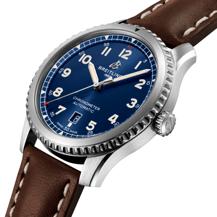 The Aviator 8 Automatic 41 makes a style statement. It is clearly a direct descendent of Breitling’s legendary watches from the 1930s and 1940s. Inside the steel case with its rotating bezel and pointer is the Breitling Caliber 17. With a bidirectional rotor winder, it delivers more than 40 hours of power reserve. The eye-catching dial is available in black or blue. The 41 mm COSC-certified chronometer has a solid screwed caseback and is available with steel bracelet or a leather strap.