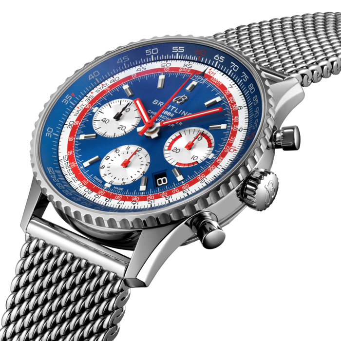The Navitimer B01 Chronograph 43 Pan Am Edition is distinguished by one of the most recognizable logos in the history of aviation printed on its transparent sapphire caseback. The Airline capsule collection will be available from April 2019 at Breitling boutiques and official retailers. For decades, Pan American World Airways was a dominant force in commercial aviation and its name is still closely linked with the excitement of air travel. The Pan Am Edition with a stainless-steel case has a stunning blue dial with contrasting silver subdials and is presented on a stainless-steel mesh bracelet. Its in-house mechanical chronograph movement delivers both remarkable precision and a power reserve of approximately 70 hours. This model is also available with an Air Racer bracelet or a brown vintage-inspired leather strap with either a pin buckle or a folding clasp.