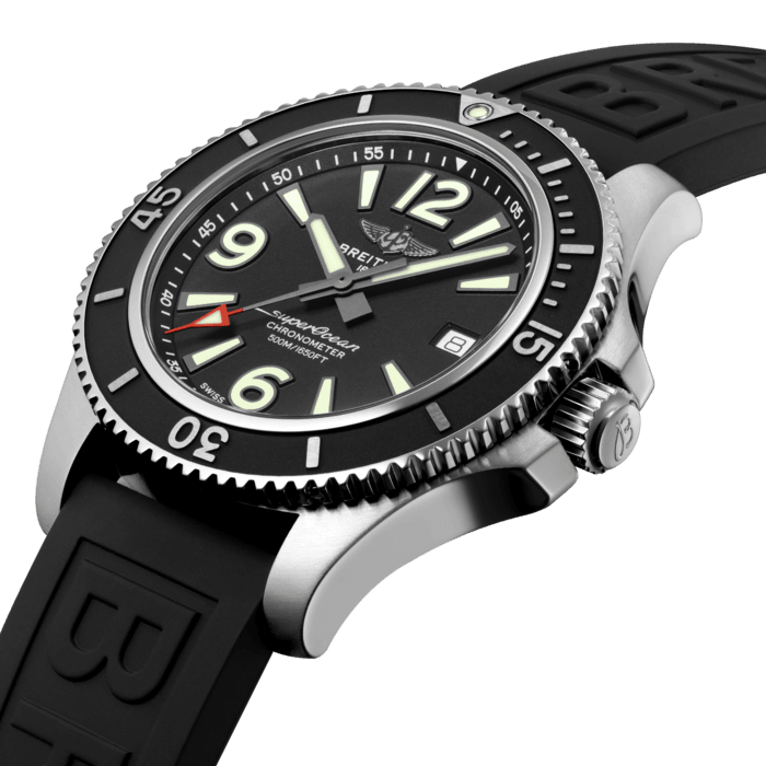 Sporty, fresh and colorful, the Superocean Automatic 42 combines performance with contemporary style to fit every wrist. It is up to any challenge: dive with it, surf with it or swim with it! The Superocean Automatic 42 features a sturdy 42mm stainless-steel case, colorful dials and a choice of a stainless-steel bracelet, or a color-matching rubber strap that fits either a stainless-steel pin buckle or folding clasp. Not only ready for the challenges of the deep seas (up to 50 bar / 500 meters), the fresh and sporty Superocean Automatic 42 will also attract those whose adventures are a little closer to the shore.