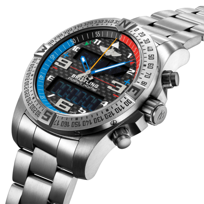 In creating its first connected chronograph, Breitling places the smartphone in the service of the watch so as to enhance its functionality. The Exospace B55 houses an exclusive caliber equipped with a range of original functions tailor-made for pilots and yachtsman: an electronic tachymeter, a ”countdown/countup“ system, a “chrono flight” and “chrono regatta” device for recording flight and regatta times, respectively, while memorizing departure and arrival times. The user-friendliness of this model is enhanced by the simple and logical control mode, and two ultra-legible LCD screens with backlighting system that can be activated by pressing the crown or tilting the wrist. This futuristic, high-tech innovation features a titanium case with rider-tab bezel as well as a sturdy, sporty strap.