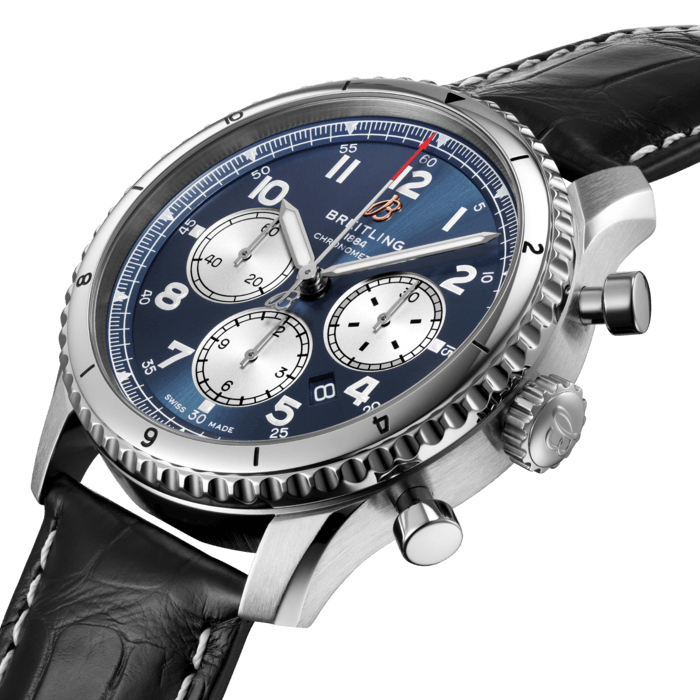 The Aviator 8 B01 Chronograph 43 is powered by the in-house Breitling Manufacture Caliber 01. The self-winding 43 mm watch has a ratchet-wheel chronograph with vertical coupling and an impressive power reserve of more than 70 hours. The display features 30-minute and 12-hour counters as well as a date window. The highlight of this new range, the Aviator 8 B01 Chronograph 43, is available in steel with a black or blue dial, or in 18k red gold with a bronze dial, each with the distinctive design elements of contrasting sub-dials. Presented on a steel bracelet or on an alligator leather strap, the COSC-certified chronometer features a transparent sapphire caseback.