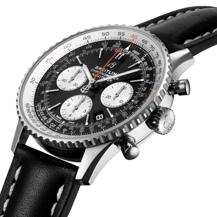An all-time favorite among pilots and aeronautical enthusiasts since 1952, the Navitimer B01 Chronograph 43 mm combines technical mastery and original design. With Manufacture Breitling Caliber 01, a true emblem of reliability and performance, this legendary model stands out with its steel case, black dial with red seconds hand, silver chronograph counters and applied hour markers. Available in steel, steel & gold, red gold as well as other dial colors, its bidirectional ratcheted rotating bezel ensures smooth and easy handling of the famous circular aviation slide rule.
