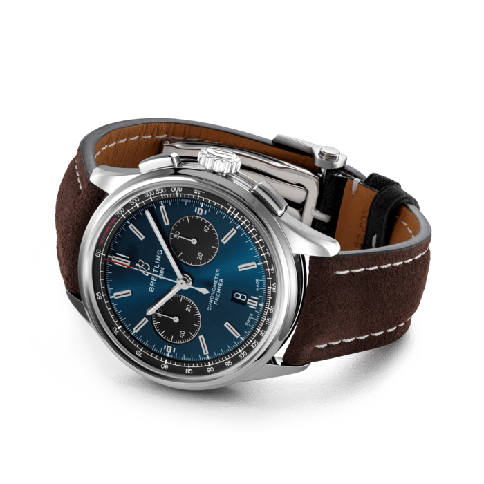 Designed by Willy Breitling in the 1940s, the Premier was the brand’s first-ever watch dedicated purely to style. Featuring elegant details and modern-retro touches, this reinterpretation of the Premier upholds its ancestor’s reputation as “a watch of impeccable taste.” On top of its rectangular chronograph pushers and bi-compax chronograph panda look, the Premier displays a variety of elegant design details such as grooves on the case-side and open sapphire caseback. The Premier B01 Chronograph 42 is available in an array of dial colors and with case materials that include stainless steel and 18k red gold. Offered either with a matching bracelet, or a choice of alligator or nubuck calfskin leather strap, this Premier is powered by the in-house Breitling Manufacture Caliber 01, a COSC-certified chronometer.