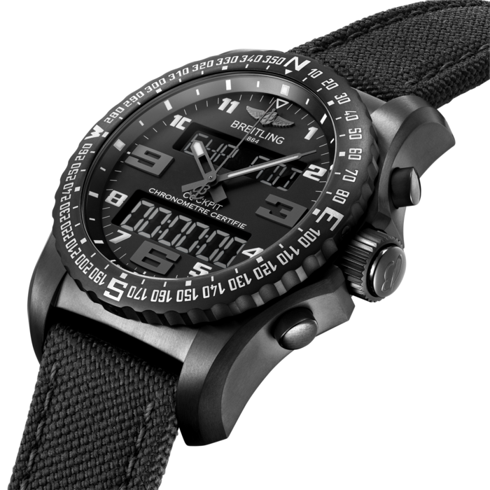 Aboard the titanium case of the multifunction electronic Cockpit B50 chronograph is an exclusive Breitling Caliber B50 – a SuperQuartz™ caliber with analog and digital displays. In addition to the chronograph with split time and flyback functions, it features a second time zone, a perpetual calendar, two alarms, a lap function and a countdown timer with alarm. Other innovative functions include the electronic tachymeter, a ”countdown/countup“ system and the “chrono flight” device for recording flight times. The white-on-black crystal LCD screens feature a backlighting system that can be activated by pressing the crown or tilting the wrist. An authentic instrument panel on the wrist.
