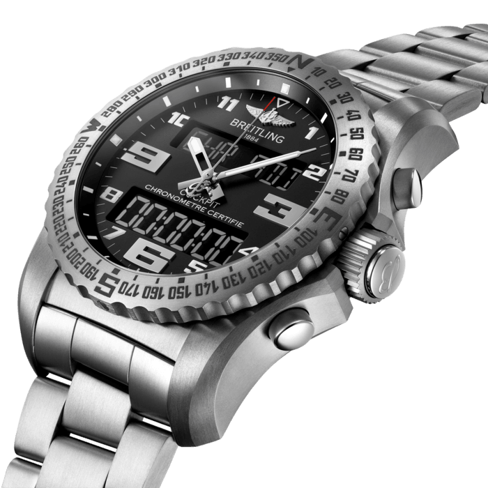 Aboard the titanium case of the multifunction electronic Cockpit B50 chronograph is an exclusive Breitling Caliber B50 – a SuperQuartz™ caliber with analog and digital displays. In addition to the chronograph with split time and flyback functions, it features a second time zone, a perpetual calendar, two alarms, a lap function and a countdown timer with alarm. Other innovative functions include the electronic tachymeter, a ”countdown/countup“ system and the “chrono flight” device for recording flight times. The white-on-black crystal LCD screens feature a backlighting system that can be activated by pressing the crown or tilting the wrist. An authentic instrument panel on the wrist.