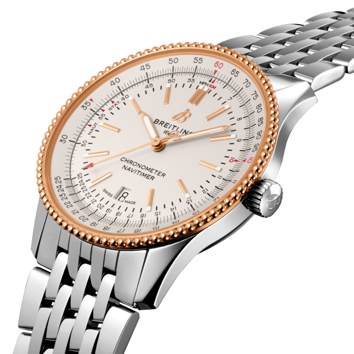 Refined and elegant, the Navitimer Automatic 41 combines the historic appeal of a true icon with the sophistication of a contemporary timepiece.
Available in a variety of materials including stainless steel and 18k red gold, the 41 mm case features a beaded bezel and a range of elegant black, anthracite, blue or silver dials. Offered either with a matching bracelet or a black, blue or brown alligator strap that fits both a stainless-steel pin or folding buckle, the Navitimer Automatic 41 is powered by the Breitling Caliber 17, a COSC-certified chronometer.