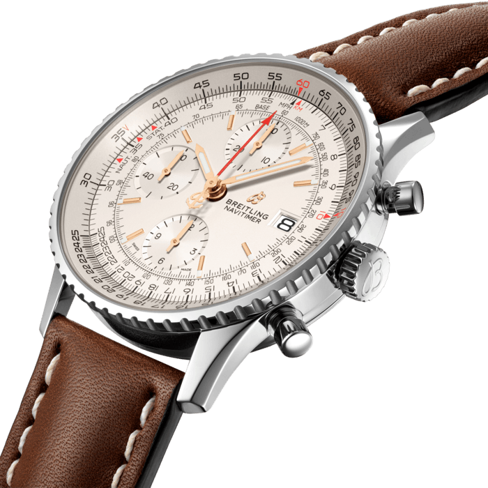 A tribute to the original Navitimer, this version is smaller in diameter featuring a black, blue or silver dial with tone-on-tone counters. The famous circular slide rule, powered by the bidirectional rotating bezel, can perform all airborne navigation operations. This legendary chronograph, also available in steel & gold, is equipped with a self-winding caliber and is chronometer-certified by the COSC, testament to its superior precision and reliability.