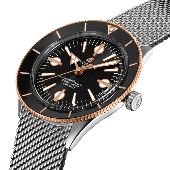 The Superocean Heritage ’57 Capsule collection pays tribute to the original 1957 SuperOcean and the cool, laid-back surfing lifestyle of the 1960s.
Available in a variety of materials including stainless steel and 18k red gold, the 42 mm case features two signature elements of the original SuperOcean: a concave bidirectional ceramic bezel and a dial featuring oversized indices. Paired with a mesh bracelet or a black, brown or gold calfskin leather strap that fits both a stainless-steel pin or folding buckle, the Superocean Heritage ‘57 is powered by the Breitling Caliber 10, a COSC-certified chronometer.