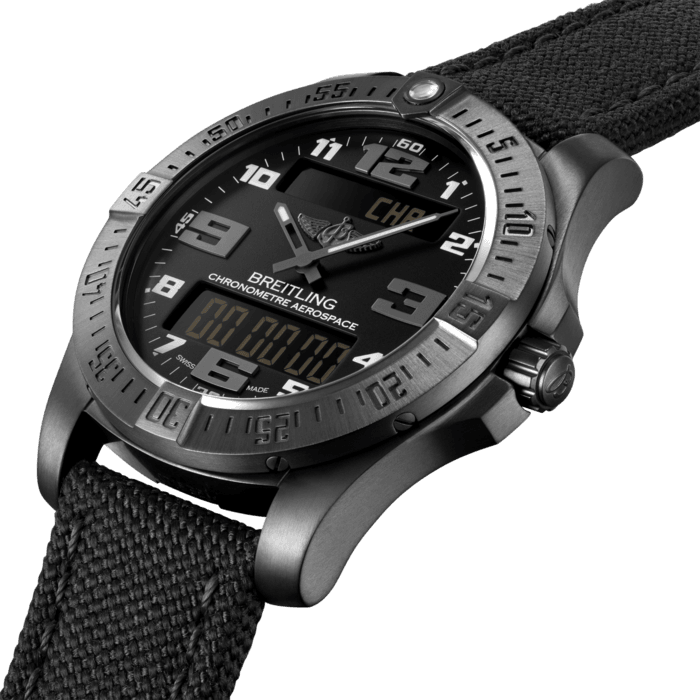 In 1985, Breitling launched the Aerospace, an innovative, multifunction chronograph equipped with state-of-the-art Swiss technology. Heir to this legendary model, the Aerospace Evo retains the same powerful, dynamic and technical style – combined with the latest electronic developments. Equipped with an officially chronometer-certified SuperQuartz™ caliber, it is distinguished by a user-friendly control system with crown-activated functions including 1/100th of a second chronograph, countdown timer, second time zone, alarm, audible time signal (minute repeater) and calendar.