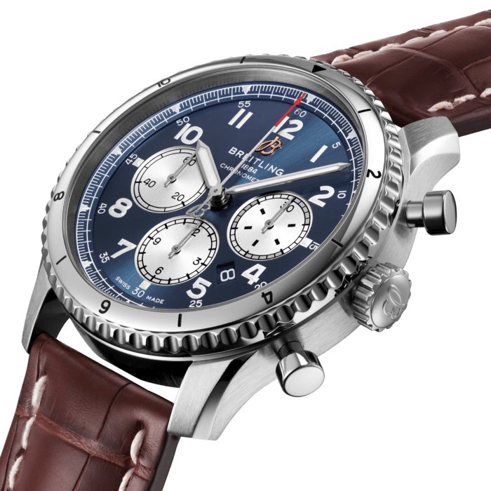 The Aviator 8 B01 Chronograph 43 is powered by the in-house Breitling Manufacture Caliber 01. The self-winding 43 mm watch has a ratchet-wheel chronograph with vertical coupling and an impressive power reserve of more than 70 hours. The display features 30-minute and 12-hour counters as well as a date window. The highlight of this new range, the Aviator 8 B01 Chronograph 43, is available in steel with a black or blue dial, or in 18k red gold with a bronze dial, each with the distinctive design elements of contrasting sub-dials. Presented on a steel bracelet or on an alligator leather strap, the COSC-certified chronometer features a transparent sapphire caseback.