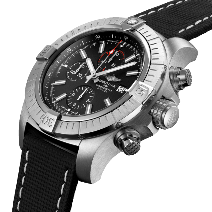 Bold, extremely robust and shock resistant, the Super Avenger Chronograph 48 makes a big “here I am” statement. As a true Breitling Avenger, it can be used wearing gloves and offers unrivalled safety and reliability to any airborne adventurer. The Super Avenger Chronograph 48 features a sturdy oversized 48mm stainless-steel case, black dial and a choice of a stainless-steel bracelet, or black military leather strap that fits either a stainless-steel pin buckle or folding clasp. Thanks to its rugged bezel and its special grip-pattern on the crown & chronograph pushers, the Super Avenger Chronograph 48 can be easily operated wearing gloves.