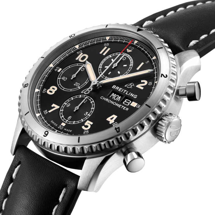 The Aviator 8 Chronograph 43 offers 30-minute and 12-hour counters at 12 and 6 o’clock, respectively, along with a small seconds hand at 9 o’clock. It is accurate to a quarter of a second. The COSC-certified Breitling Caliber 13 chronometer caliber is at the heart of this watch. It is wound automatically with the use of a unilateral ball-bearing rotor, delivering an autonomous running time of more than 42 hours. With a solid screwed caseback, the 43 mm case of the Aviator 8 Chronograph 43 is available in steel with a leather strap or steel bracelet, or in DLC-coated steel paired with a leather strap.