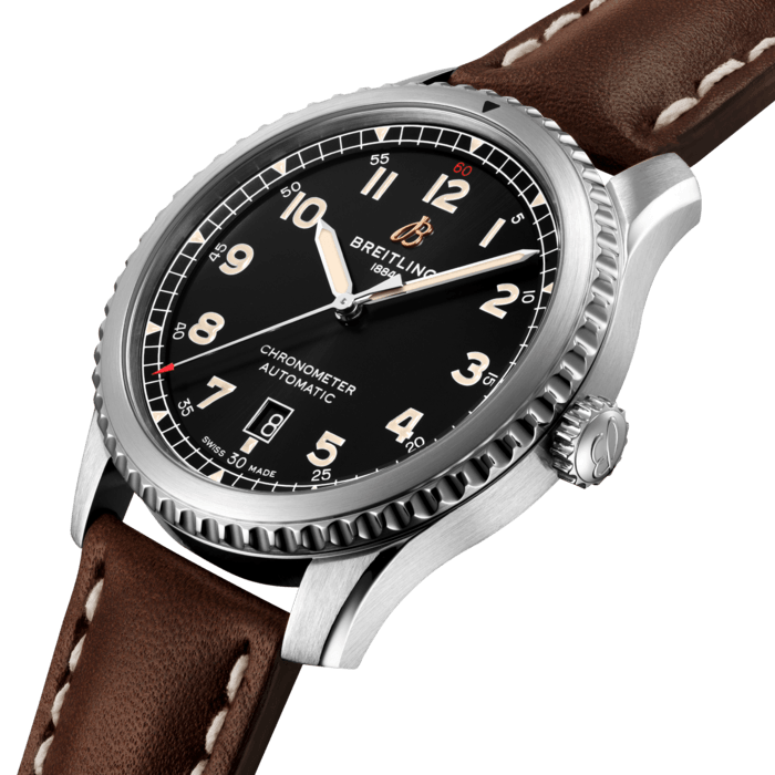 The Aviator 8 Automatic 41 makes a style statement. It is clearly a direct descendent of Breitling’s legendary watches from the 1930s and 1940s. Inside the steel case with its rotating bezel and pointer is the Breitling Caliber 17. With a bidirectional rotor winder, it delivers more than 40 hours of power reserve. The eye-catching dial is available in black or blue. The 41 mm COSC-certified chronometer has a solid screwed caseback and is available with steel bracelet or a leather strap.