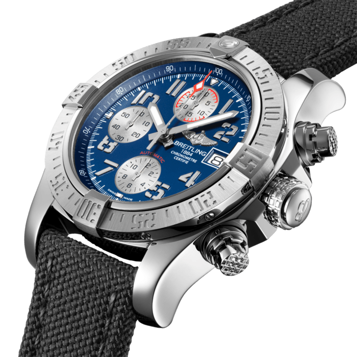 The embodiment of power in action, the Avenger II chronograph comes in several dial colors (black, blue and grey) with stencil-type numerals or hour-markers, on a rubber strap or on a bracelet. The steel case, water-resistant to 300 m (1,000 ft), with screwed-in pushpiece guards, houses a self-winding chronograph caliber that is officially chronometer-certified like all Breitling calibers. The titanium caseback bears a conversion scale for Anglo-Saxon and metric measurements. A model of reliability, efficiency and outstanding ergonomics.