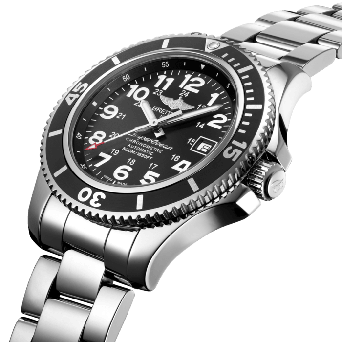 The Superocean II 42 is an inveterate diver’s model combining an ultra-sporty look with peerless performance, including water resistance to 500 m (1,650 ft). The rubber-molded fluted unidirectional rotating bezel displays clearly visible large numerals, a countdown of the last 15 dive-time minutes and a triangle with a luminescent marker at 12 o’clock. The polished steel case frames a black or blue dial and is fitted with a matching rubber strap. Precision is ensured by a chronometer-certified self-winding caliber.