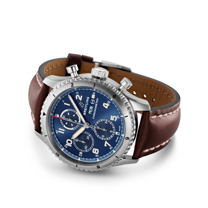 The Aviator 8 Chronograph 43 offers 30-minute and 12-hour counters at 12 and 6 o’clock, respectively, along with a small seconds hand at 9 o’clock. It is accurate to a quarter of a second. The COSC-certified Breitling Caliber 13 chronometer caliber is at the heart of this watch. It is wound automatically with the use of a unilateral ball-bearing rotor, delivering an autonomous running time of more than 42 hours. With a solid screwed caseback, the 43 mm case of the Aviator 8 Chronograph 43 is available in steel with a leather strap or steel bracelet, or in DLC-coated steel paired with a leather strap.
