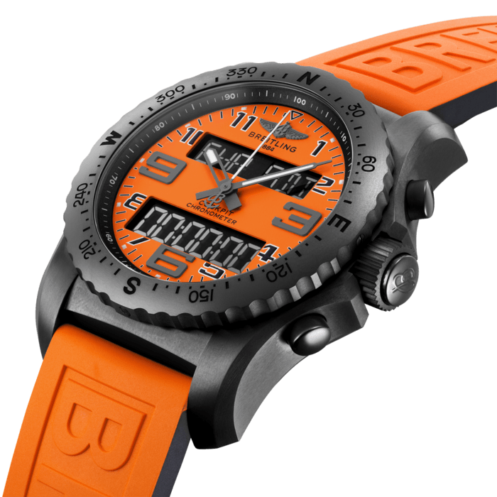 The Breitling Cockpit B50 Orbiter Limited Edition commemorates Breitling Orbiter 3, and tells the story of a daring mission with its black carbon-coated titanium case, and vibrant orange dial and rubber strap. . Exactly 20 years ago this balloon completed the first non-stop balloon flight around the world.
This chronograph, limited to 213 pieces, is powered by the Breitling Manufacture Caliber B50: a thermal-compensated SuperQuartz™ analog and digital-display movement designed in-house. The Cockpit B50 Orbiter is COSC-certified chronometer featuring functions for the most extreme missions. Numerals, indexes and hands are coated with luminescent Super-LumiNova®.