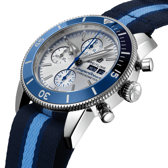 The Superocean Heritage Ocean Conservancy Limited Edition comes with a strong message: alongside the Ocean Conservancy organization, Breitling wishes to lead the fight against ocean pollution. The blue details on this 1000-piece limited edition reiterate Breitling’s commitment to healthy oceans and clean beaches, and Breitling is partnering with Ocean Conservancy to support its conservation efforts. The two single-piece straps accompanying this chronograph are made from ECONYL® yarn, an innovative material repurposed from nylon waste, while its packaging comes from 100% recycled material. A watch made for action, the type that meaningfully impacts lives.