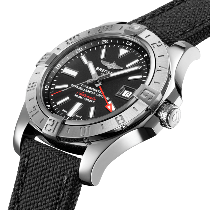 The Avenger II GMT stands out with its very practical 24-hour second time-zone display, complemented by a bidirectional rotating bezel enabling a third time-zone reading. The officially chronometer-certified self-winding caliber is protected by an ultra-sturdy steel case water-resistant to 300 m (1,000 ft) and equipped with lateral reinforcements. The efficiency of the controls is guaranteed by a solid crown with a non-slip grip. The aviation-inspired stencil-type numerals lend a technical and original touch of style.