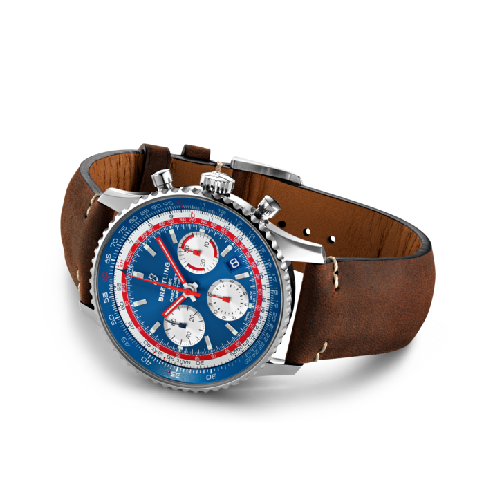 The Navitimer B01 Chronograph 43 Pan Am Edition is distinguished by one of the most recognizable logos in the history of aviation printed on its transparent sapphire caseback. The Airline capsule collection will be available from April 2019 at Breitling boutiques and official retailers. For decades, Pan American World Airways was a dominant force in commercial aviation and its name is still closely linked with the excitement of air travel. The Pan Am Edition with a stainless-steel case has a stunning blue dial with contrasting silver subdials and is presented on a stainless-steel mesh bracelet. Its in-house mechanical chronograph movement delivers both remarkable precision and a power reserve of approximately 70 hours. This model is also available with an Air Racer bracelet or a brown vintage-inspired leather strap with either a pin buckle or a folding clasp.