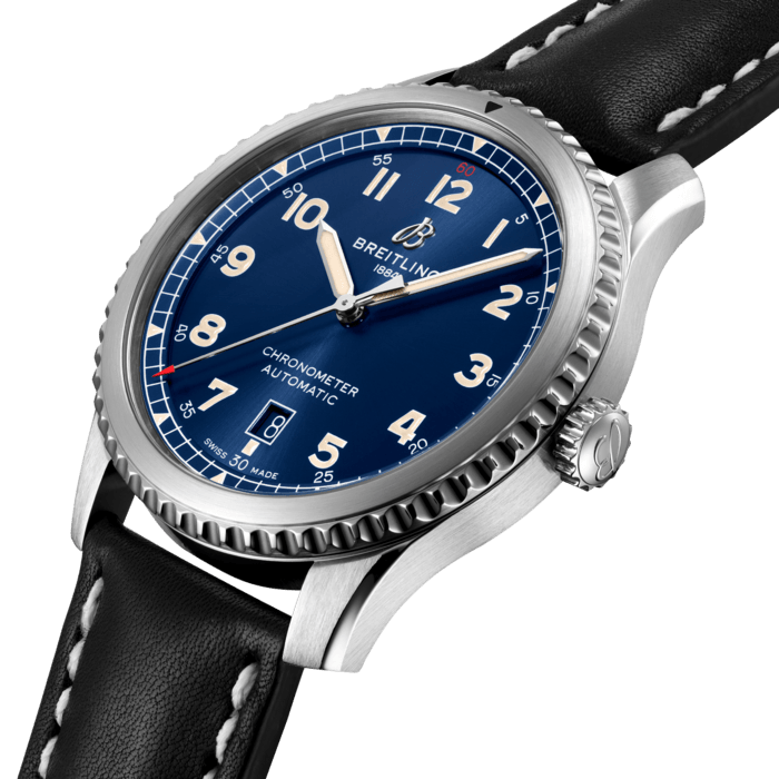 The Aviator 8 Automatic 41 makes a style statement. It is clearly a direct descendent of Breitling’s legendary watches from the 1930s and 1940s. Inside the steel case with its rotating bezel and pointer is the Breitling Caliber 17. With a bidirectional rotor winder, it delivers more than 40 hours of power reserve. The eye-catching dial is available in black or blue. The 41 mm COSC-certified chronometer has a solid screwed caseback and is available with steel bracelet or a leather strap.