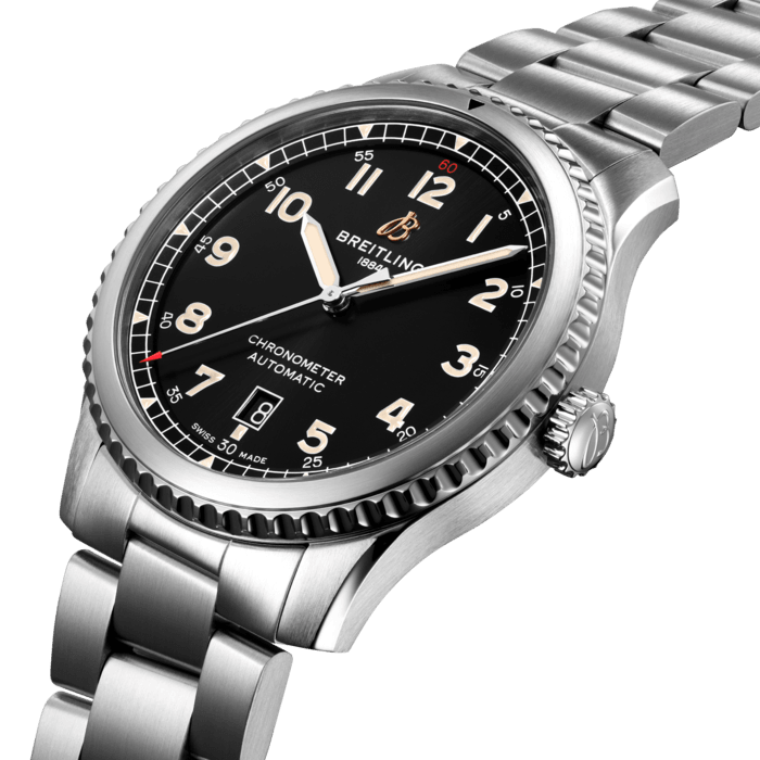 The Aviator 8 Automatic 41 makes a style statement. It is clearly a direct descendent of Breitling’s legendary watches from the 1930s and 1940s. Inside the steel case with its rotating bezel and pointer is the Breitling Caliber 17. With a bidirectional rotor winder, it delivers more than 40 hours of power reserve. The eye-catching dial is available in black or blue. The 41 mm COSC-certified chronometer has a solid screwed caseback and is available with steel bracelet or a leather strap.