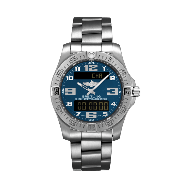 Aerospace EVO, Titanium - Blue
In 1985, Breitling launched the Aerospace, an innovative, multifunction chronograph equipped with state-of-the-art Swiss technology.