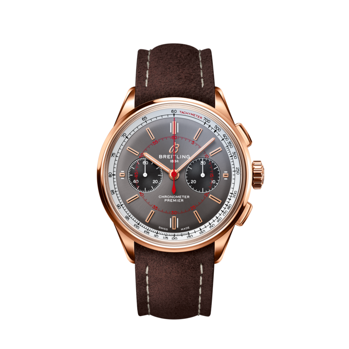 Premier B01 Chronograph 42 Wheels and Waves, 18k red gold - Anthracite
The Breitling Premier Wheels and Waves Limited Edition celebrates the cool and energetic ambiance of this festival dedicated to motorcycle, surf and skate.